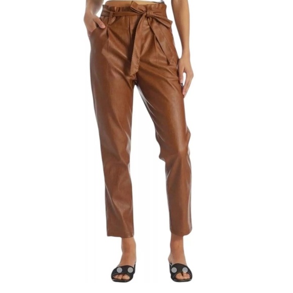 Lucy Paris Womens Faux Leather Paperbag-Waist Pants, Cognac, S - Picture 7 of 11